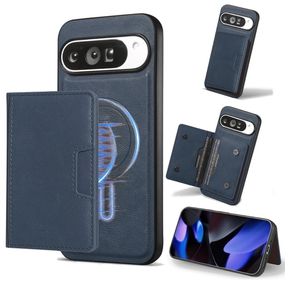 Allytechgroup Case for Google Pixel 8 Pro with Cards Holder, RFID Blocking 2 In 1 Wallet Case with Stand Support Wireless Charging Shockproof Magnetic Back Cover for Women Men, Blue