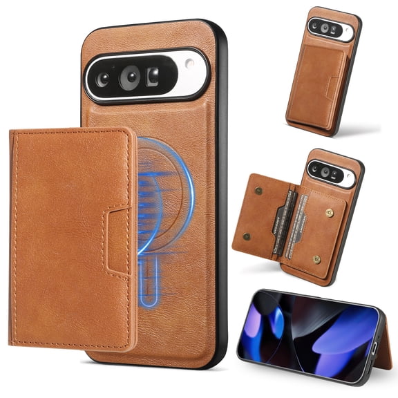 Allytechgroup Case for Google Pixel 8 Pro with Cards Holder, RFID Blocking 2 In 1 Wallet Case with Stand Support Wireless Charging Shockproof Magnetic Back Cover for Women Men, Brown