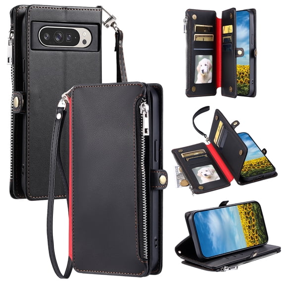 Allytechgroup Case for Google Pixel 9A, Crossbody Strap Cell Phone Bag PU Leather RFID Blocking Cards Slots Zipper Pocket Hand Wrist Protective Stand Lightweight for Women Girls, Black
