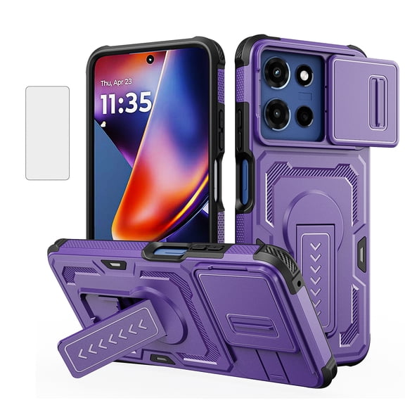 Allytechgroup Case for Moto G 5G (2025) with Screen Protection, Built-in Slide Camera Cover Kickstand Shock-Absorbent Non-Slip PC+TPU Military Grade Drop Protection, Purple