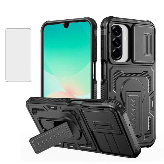 Allytechgroup Case for Samsung Galaxy A26 5G with Screen Protection, Built-in Slide Camera Cover Kickstand Shock-Absorbent Non-Slip PC+TPU Military Grade Drop Protection, Black