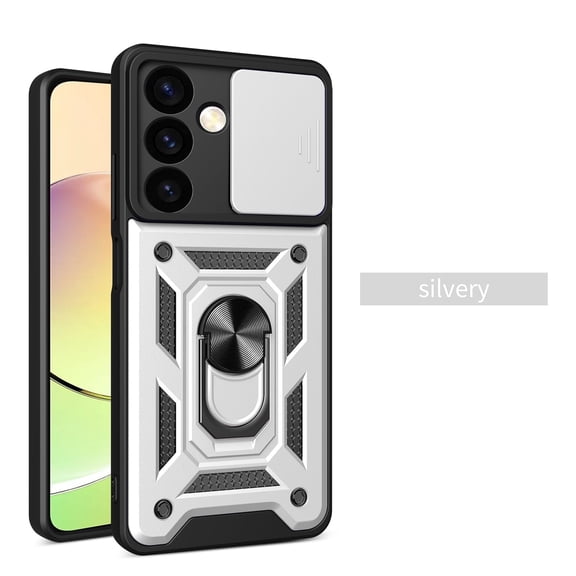 Allytechgroup Case for Samsung Galaxy A37,  Slim Phone Case with Slide Lens Cover, [Rotated Ring Kickstand] Heavy Duty [Military Grade Protection] Shockproof Back Cover Rugged Case, Silver