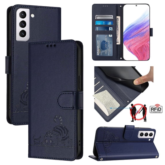 Allytechgroup Case for Samsung Galaxy S21 FE, RFID Blocking PU Leather Wallet Flip Case with Cards Holder Crossbody Shoulder Strap Shockproof Multi-functional Phone Case for Galaxy S21 FE, Blue