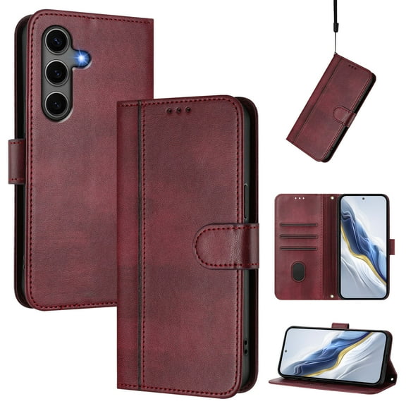 Allytechgroup Case for Samsung Galaxy S22 with Credit Card Slot, RFID Blocking PU Leather Flip Wallet Stand Phone Case with Lanyard Shockproof and Anti-Scratch Cover for Samsung Galaxy S22, Winered