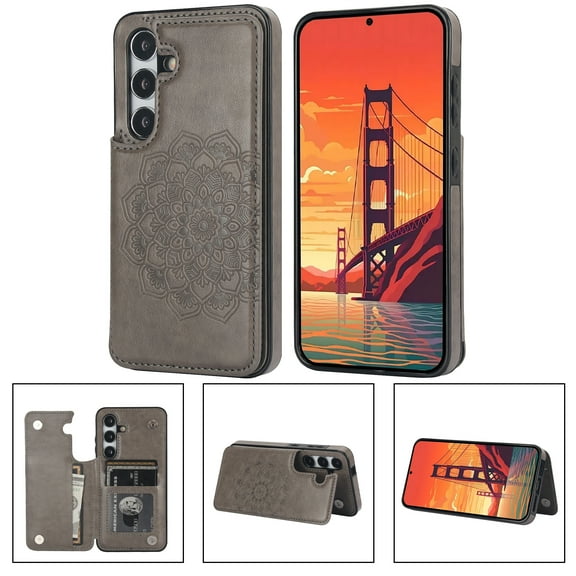 Allytechgroup Case for Samsung Galaxy S24+ with Credit Card Slot, RFID Blocking PU Leather Slim Stand Shell Anti-shock Military Grade Drop Protection for Samsung Galaxy S24+, Gray