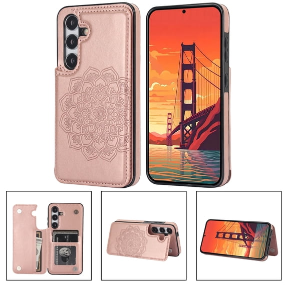 Allytechgroup Case for Samsung Galaxy S24 FE with Credit Card Slot, RFID Blocking PU Leather Slim Stand Shell Anti-shock Military Grade Drop Protection for Samsung Galaxy S24 FE, Rosegold
