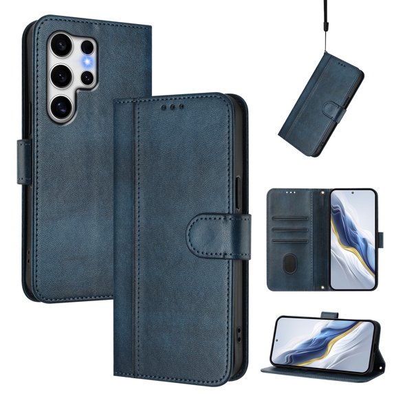Allytechgroup Case for Samsung Galaxy S24 Ultra with Credit Card Slot, RFID Blocking PU Leather Flip Wallet Stand Phone Case with Lanyard Shockproof and Anti-Scratch Cover, Blue