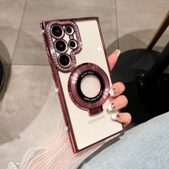Allytechgroup Case for Samsung Galaxy S24 Ultra with Ring Holder, Bling Sparkly Diamond Rhinestones Support Wireless Charging Shockproof Magnetic Back Cover for Galaxy S24 Ultra Women Girls, Pink