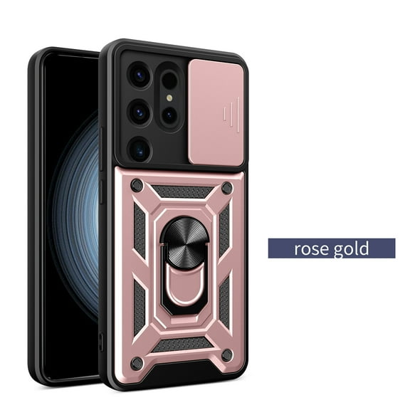 Allytechgroup Case for Samsung Galaxy S25 Ultra with 1 Pack Screen Protector, Slim Case with Slide Lens Cover, [Rotated Ring Kickstand] [Military Grade Protection] Shockproof Rugged Case, Rosegold