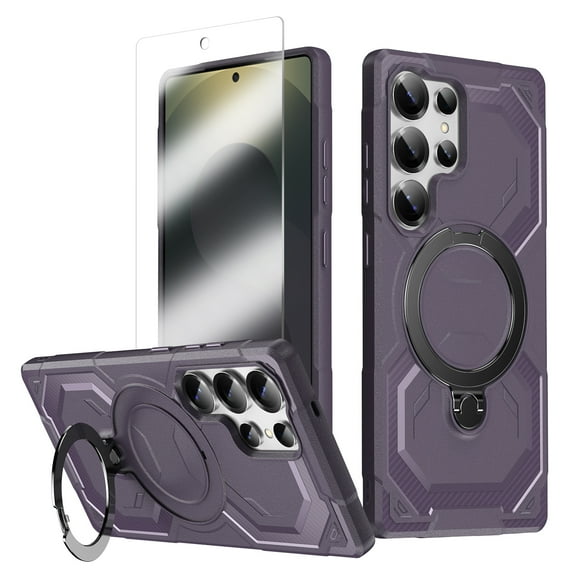 Allytechgroup Case for Samsung Galaxy S25 Ultra with Ring Holder, Built-in Screen Protection & Kickstand Compatible with Magsafe Shockproof Magnrtic Back Cover for Samsung Galaxy S25 Ultra, Purple