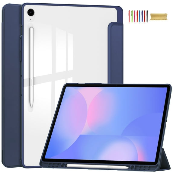 Allytechgroup Case for Samsung Galaxy Tab S10 FE+ Plus 13.1 Inch 2025, PU Leather Auto Sleep Wake Trifold Stand with Clear Back Cover Shockproof Tablet Case with S Pen Holder,Blue