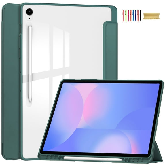 Allytechgroup Case for Samsung Galaxy Tab S10 FE+ Plus 13.1 Inch 2025, PU Leather Auto Sleep Wake Trifold Stand with Clear Back Cover Shockproof Tablet Case with S Pen Holder,Green