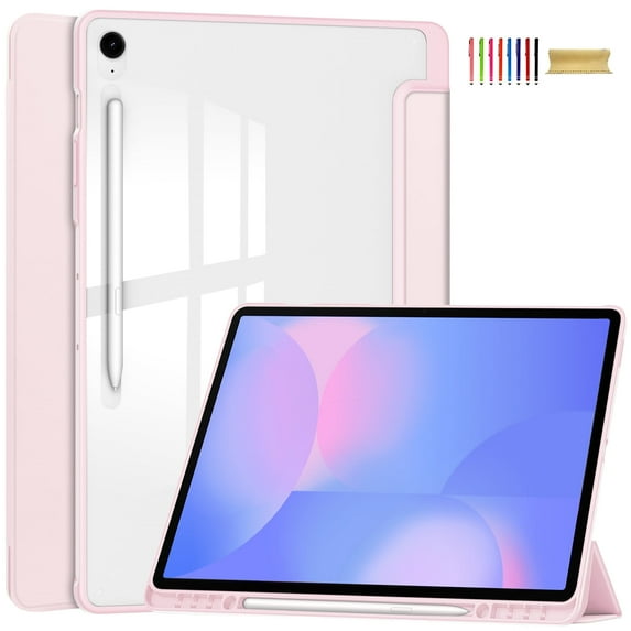 Allytechgroup Case for Samsung Galaxy Tab S10 FE+ Plus 13.1 Inch 2025, PU Leather Auto Sleep Wake Trifold Stand with Clear Back Cover Shockproof Tablet Case with S Pen Holder,Pink