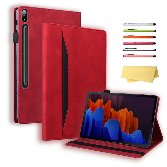 Allytechgroup Case for Samsung Galaxy Tab S9 FE+ / S9 FE Plus 12.4 inch with Pencil Holder Stand PU Leather Protective Case & Soft TPU Back Shell Shockproof Folio Wallet Cover with Card Slots, Red