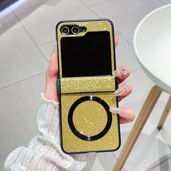 Allytechgroup Case for Samsung Galaxy Z Flip 5, Glitter Bling Magnetic Wireless Charging Compatible with Magsafe Soft TPU Back Shell Sparkly Slim Lightweight Shockproof Hard Bumper Phone Case, Yellow