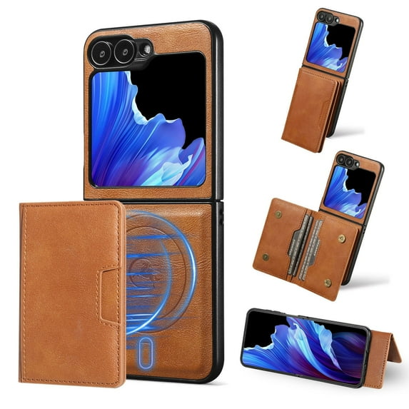 Allytechgroup Case for Samsung Galaxy Z Flip 7 with Cards Holder, RFID Blocking 2 In 1 Wallet Case with Stand Support Wireless Charging Shockproof Magnetic Back Cover for Women Men, Brown