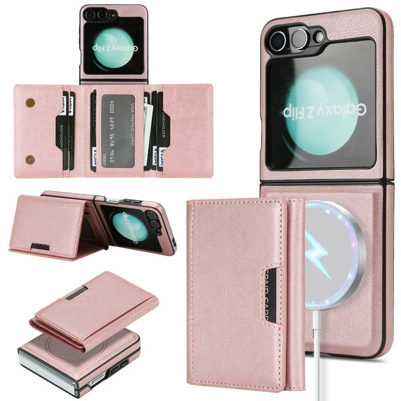 Allytechgroup Case for Samsung Galaxy Z Flip 7 FE/Z Flip 6 with Detachable Cards Holder, Compatible with Mag-safe PU Leather Stand Shockproof Protective Magentic Back Cover for Women Men, Rosegold