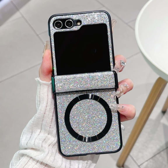 Allytechgroup Case for Samsung Galaxy Z Flip 7 FE/Z Flip 6 Glitter Bling Magnetic Wireless Charging Compatible with Magsafe Soft TPU Back Shell Sparkly Lightweight Shockproof Hard Bumper Case, Silver