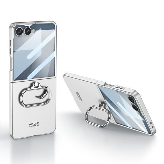 Allytechgroup Case for Samsung Galaxy Z Flip 7 with Ring Kickstand, Fashion Slim Anti-Scratch Lightweight Hard Cover, Tempered Glass Back, Non-Slip Grip for Samsung Galaxy Z Flip 7, Silver