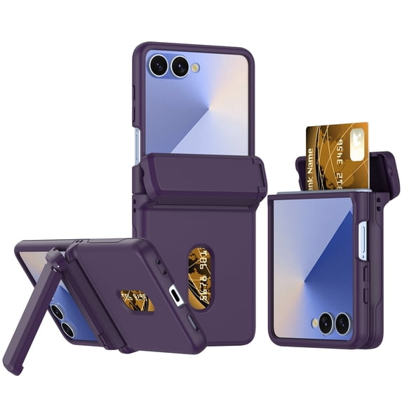 Allytechgroup Case for Samsung Galaxy Z Flip 7, Shockproof Rigid Plastic Flip Cover with Card Slot, Built-in Kickstand Drop Protection Foldable Phone Accessory for Women Men, Darkpurple