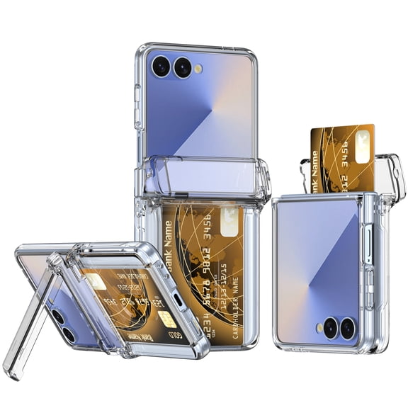 Allytechgroup Case for Samsung Galaxy Z Flip 7, Shockproof Rigid Plastic Flip Cover with Card Slot, Built-in Kickstand Anti-Scratch & Drop Protection Foldable Phone Accessory for Women Men, Clear