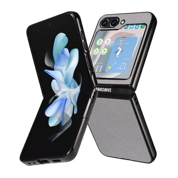 Allytechgroup Shockproof Faux Leather Back Cover Cell Phone Case with Protective Case Cover for Samsung Galaxy Z Flip 7, Gray