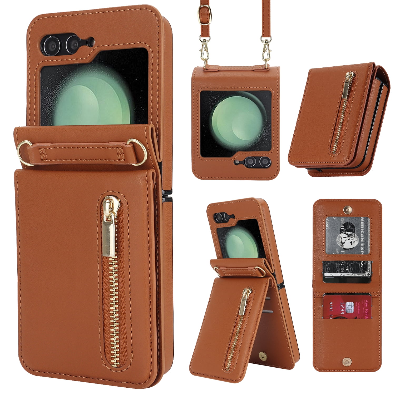 Allytechgroup Case for Samsung Galaxy Z Flip 7, Zipper Wallet Case with Crossbody Shoulder Strap/Credit Card Slots/Cash Pocket, Folio Stand Shockproof Slim PU Leather Anti-Fall Phone Cover, Brown