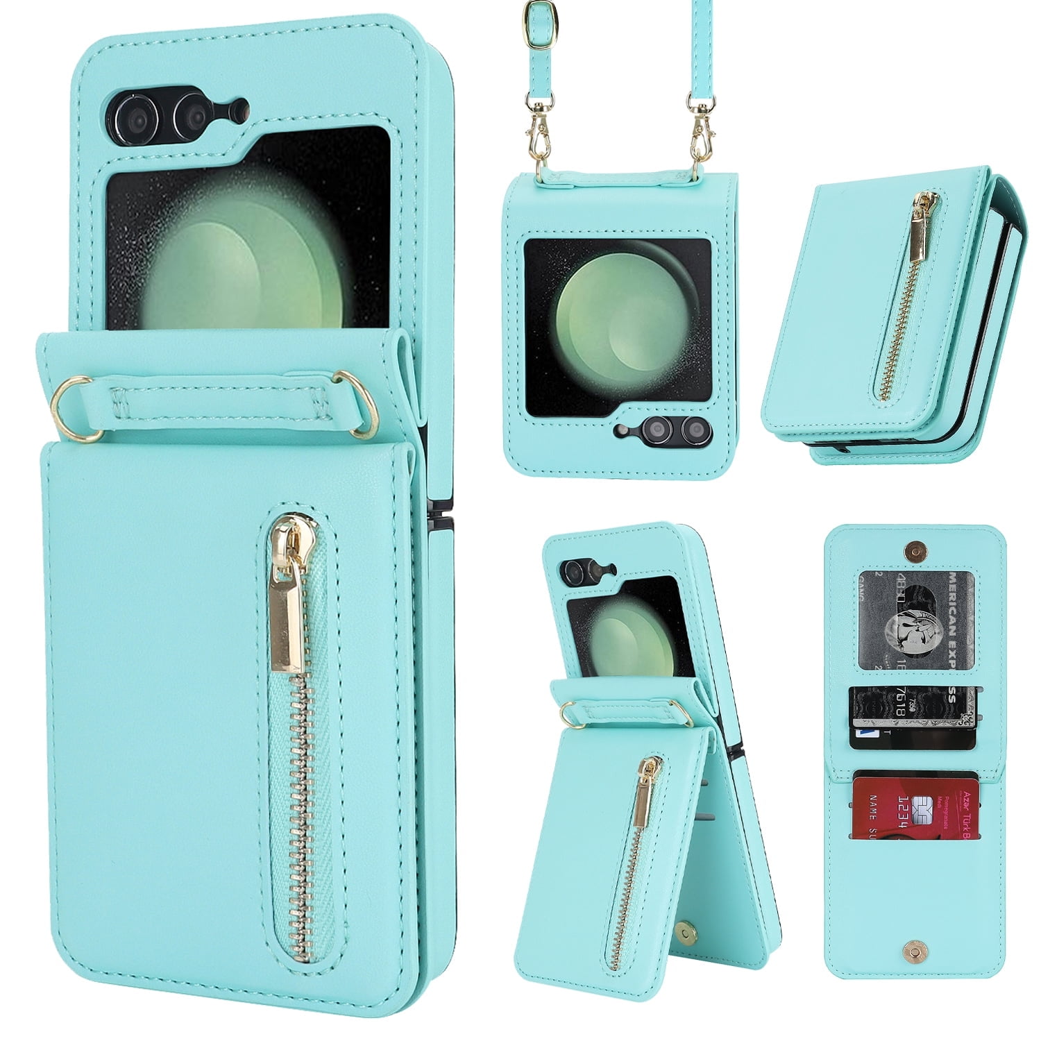 Allytechgroup Case for Samsung Galaxy Z Flip 7, Zipper Wallet Case with Crossbody Shoulder Strap/Credit Card Slots/Cash Pocket, Folio Stand Shockproof Slim PU Leather Anti-Fall Phone Cover, Mint