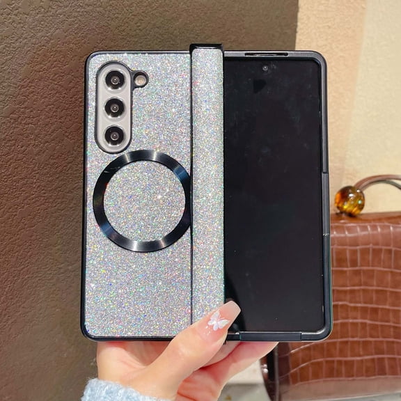 Allytechgroup Case for Samsung Galaxy Z Fold 4, Glitter Bling Magnetic Wireless Charging Compatible with Magsafe Soft TPU Back Shell Sparkly Slim Lightweight Shockproof Hard Bumper Phone Case, Silver