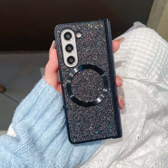 Allytechgroup Case for Samsung Galaxy Z Fold 6, Glitter Bling Magnetic Wireless Charging Compatible with Magsafe Soft TPU Back Shell Sparkly Slim Lightweight Shockproof Hard Bumper Phone Case, Black