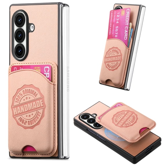 Allytechgroup Case for Samsung Galaxy Z Fold 7 with Card Holder, Magnetic Wireless Charging Wallet Back Cover Faux Leather & Shockproof Hard PC Bumper Lightweight Anti-Slip Protective Shell, Pink