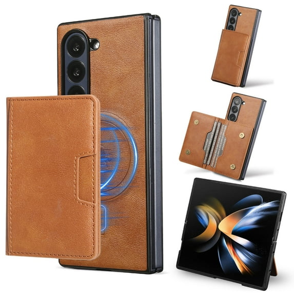 Allytechgroup Case for Samsung Galaxy Z Fold 7 with Cards Holder, RFID Blocking 2 In 1 Wallet Case with Stand Support Wireless Charging Shockproof Magnetic Back Cover for Women Men, Brown