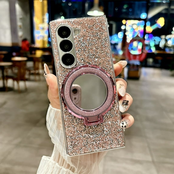 Allytechgroup Case for Samsung Galaxy Z Fold 7, Glitter Electroplated Diamond Mirror Cover with Ring Holder Kickstand Stand Wireless Charging Hard Shockproof Lightweight Shell for Women Girl, Pink