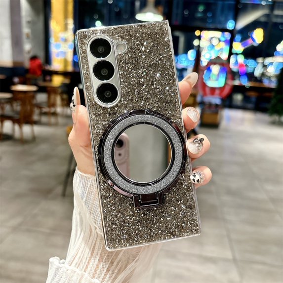 Allytechgroup Case for Samsung Galaxy Z Fold 7, Glitter Electroplated Diamond Mirror Cover with Ring Holder Kickstand Stand Wireless Charging Hard Shockproof Lightweight Shell for Women Girl, Black