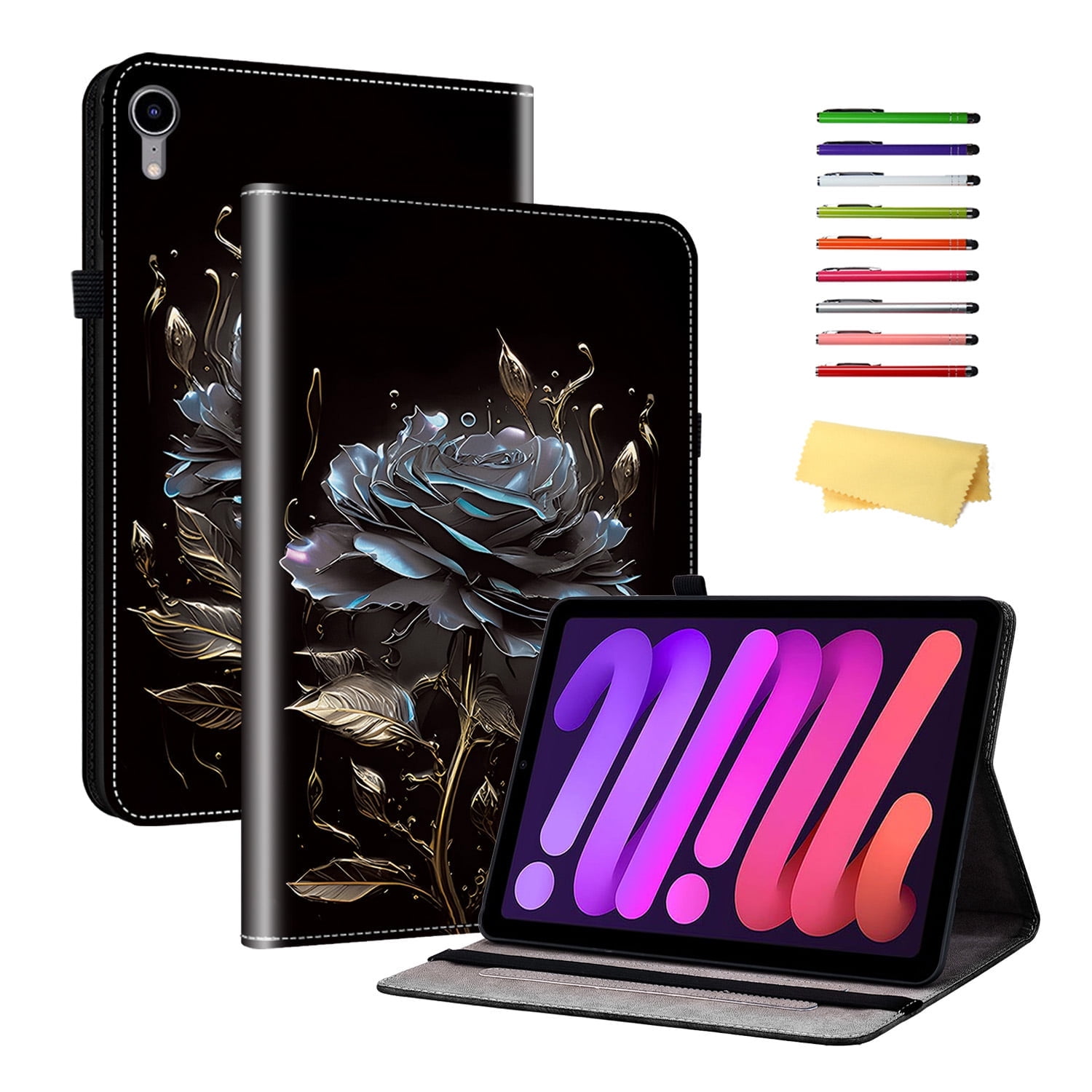 Allytechgroup Case for iPad (A16) 11th Generation 11" 2025 with Stand/Pencil Holder/Card Pockets/Magnetic Smart PU Leather Folio Stand Wallet shockproof Cover [Auto Wake/Sleep], Black Rose Flower