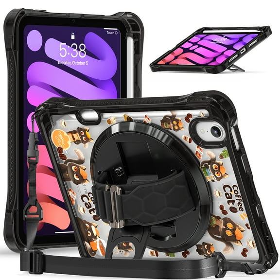 Allytechgroup Case for iPad Mini 7 (A17) Pro 2024 with Kickstand/ Wrist Hand Strap/ Shoulder Strap, 360° Rotating Stand Clear Back Shockproof Cover for Apple iPad Mini 7th Generation 8.3 inch, Cat