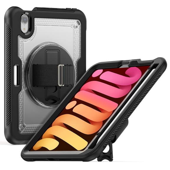Allytechgroup Case for iPad Mini 7 (A17 Pro, 7th Generation) 2024 / iPad Mini 6 (6th Gen) 8.3 Inch, Built-in Shoulder Strap Wrist Strap Kickstand Pencil Holder Shockproof Cover, Clear