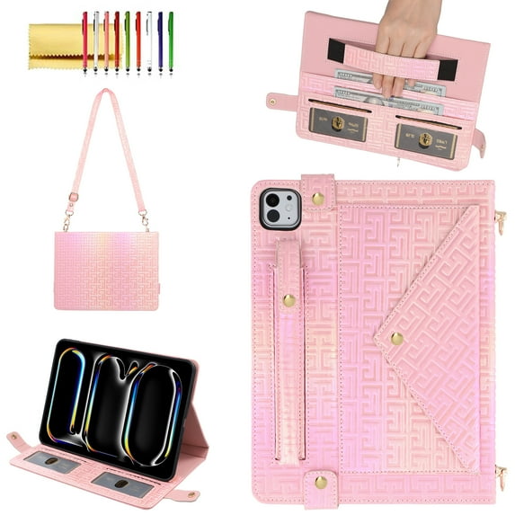 Allytechgroup Case for iPad Pro 11 2024, Folio Stand PU Leather Crossbody Cover with Pencil Holder+Card Slots Wallet Case with Shoulder Strap+Hand Strap for iPad Pro 11 inch M4 2024, Deeppink