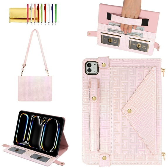 Allytechgroup Case for iPad Pro 11 2024, Folio Stand PU Leather Crossbody Cover with Pencil Holder+Card Slots Wallet Case with Shoulder Strap+Hand Strap for iPad Pro 11 inch M4 2024, Pink