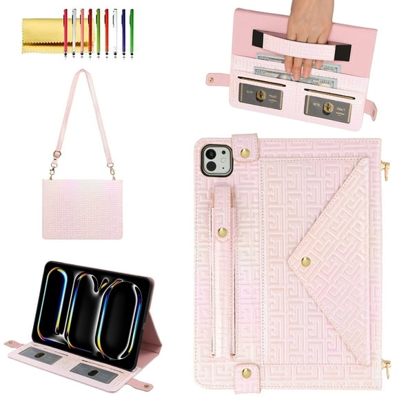 Allytechgroup Case for iPad Pro 11 2024, Folio Stand PU Leather Crossbody Cover with Pencil Holder+Card Slots Wallet Case with Shoulder Strap+Hand Strap for iPad Pro 11 inch M4 2024, Pink