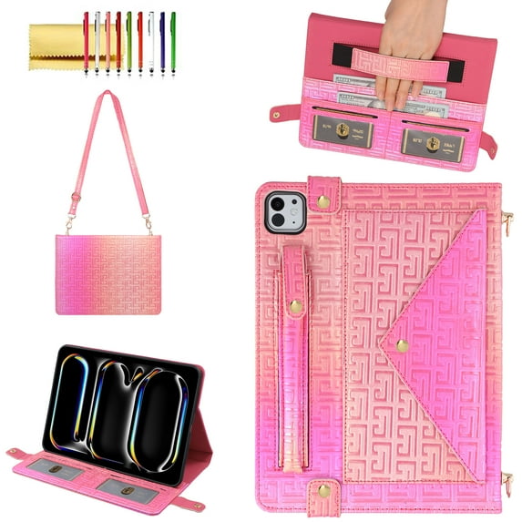 Allytechgroup Case for iPad Pro 11 2024, Folio Stand PU Leather Crossbody Cover with Pencil Holder+Card Slots Wallet Case with Shoulder Strap+Hand Strap for iPad Pro 11 inch M4 2024, Rose