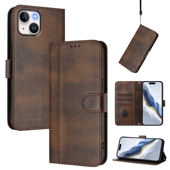 Allytechgroup Case for iPhone 13 with Credit Card Slot, RFID Blocking PU Leather Flip Wallet Stand Phone Case with Lanyard Shockproof and Anti-Scratch Cover for iPhone 13, Brown