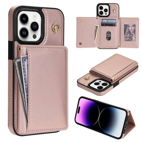 Allytechgroup Case for iPhone 13 Pro Max for Girls Women, With Card Holder Detachable Shoulder Strap Premium PU Leather Design Stand Shockproof Protective Phone Case for iPhone 13 Pro Max, Rosegold