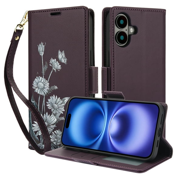 Allytechgroup Case for iPhone 14 Plus with Card Holder, RFID Blocking PU Leather Flip Stand Wallrt Case with Wrist Strap Slim Fit Shockproof Full Body Cover for iPhone 14 Plus, Darkpurple