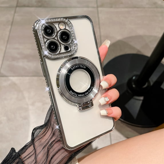 Allytechgroup Case for iPhone 14 Plus with Ring Holder, Bling Sparkly Diamond Rhinestones Support Wireless Charging Shockproof Magnetic Back Cover for iPhone 14 Plus Women Girls, Silver