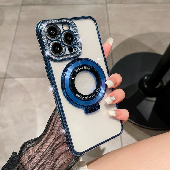 Allytechgroup Case for iPhone 14 Plus with Ring Holder, Bling Sparkly Diamond Rhinestones Support Wireless Charging Shockproof Magnetic Back Cover for iPhone 14 Plus Women Girls, Blue