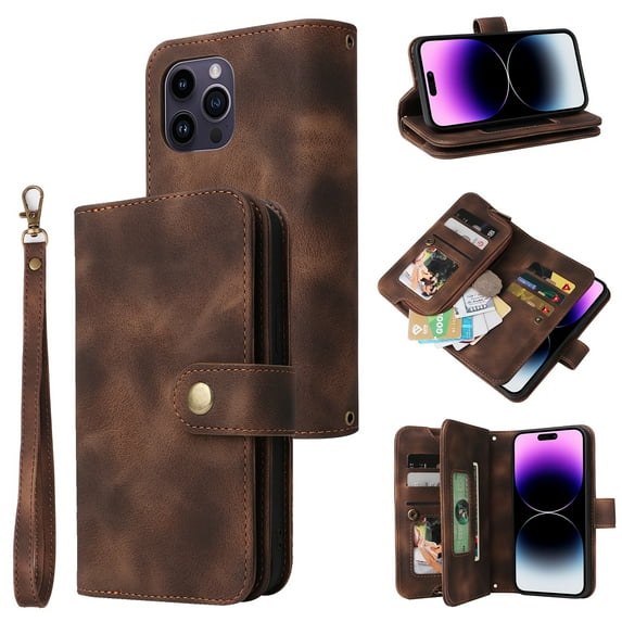 Allytechgroup Case for iPhone 14 Pro with Credit Card Slot, PU Leather Phone Flip Wallet with Shoulder Strap RFID Blocking Shockproof Back Cover for iPhone 14 Pro, Brown