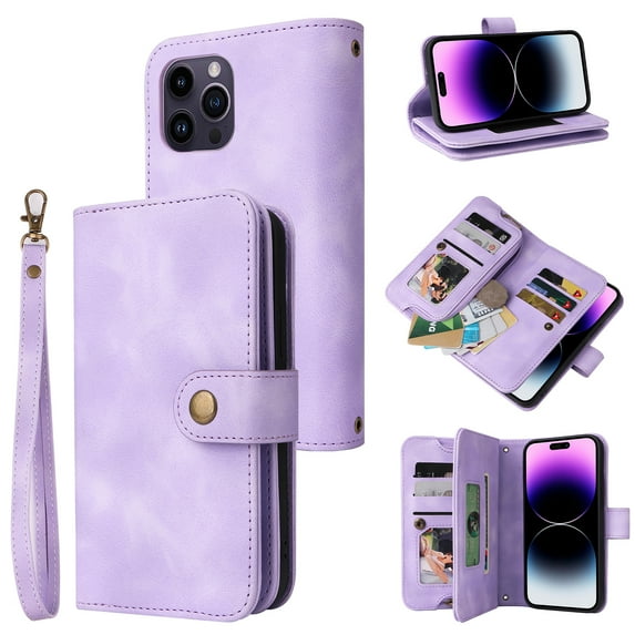 Allytechgroup Case for iPhone 14 Pro with Credit Card Slot, PU Leather Phone Flip Wallet with Shoulder Strap RFID Blocking Shockproof Back Cover for iPhone 14 Pro, Purple