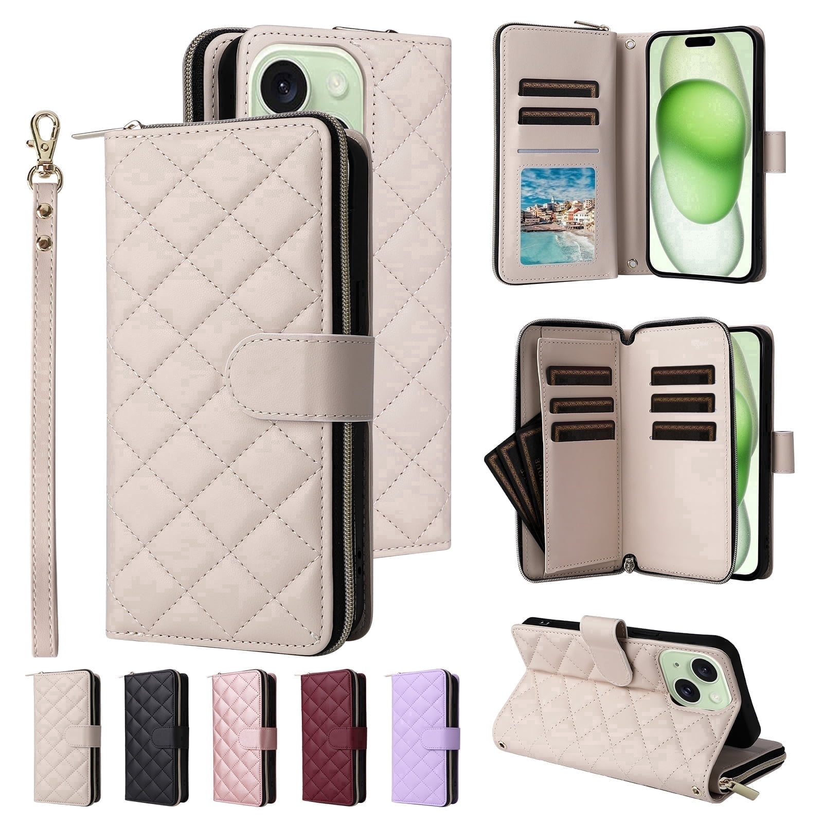 Allytechgroup Credit Card Slot RFID Blocking Shoulder Strap Lanyard Shockproof Leather Wallet Flip Stand Cell Phone Case for Apple iPhone 15, Beige