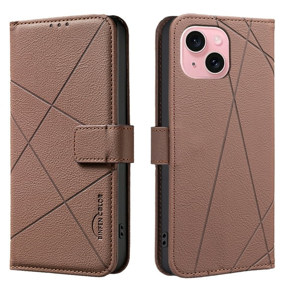 Allytechgroup Case for iPhone 15 with Credit Card Slot, RFID Blocking PU Leather Slim Stand Wallet Flip Case Shockproof Full Body Cover Bumper for iPhone 15, Brown